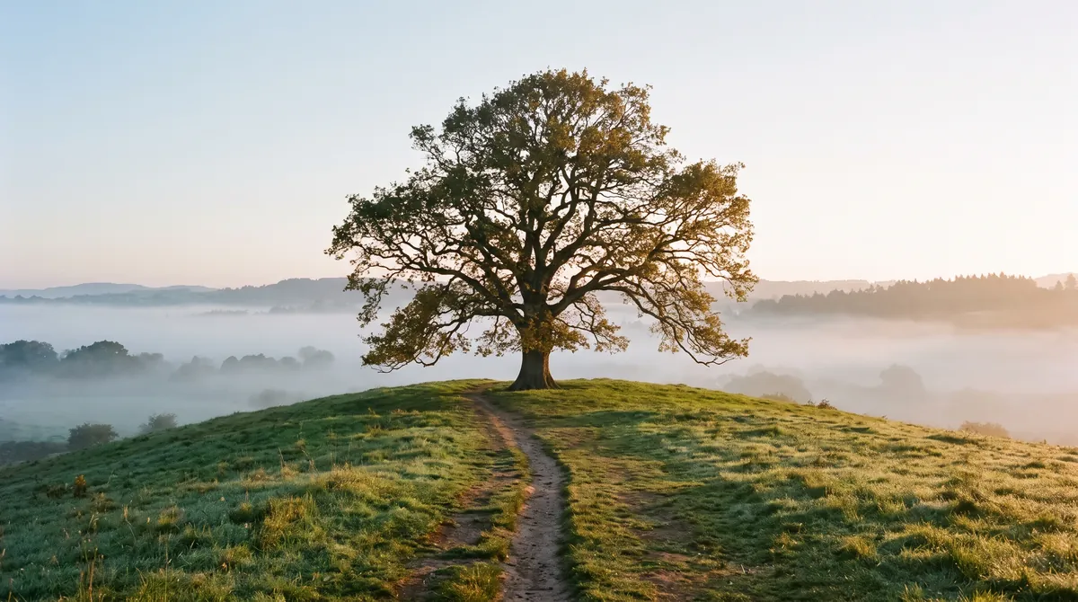 A single old tree on a gentle hill at dawn with a path leading to it and mist in the valley