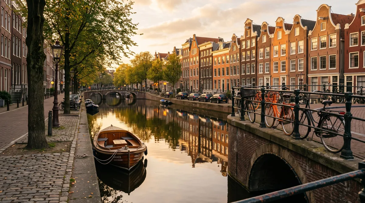 A quiet Amsterdam canal at golden hour, gabled brick houses reflected in the water and bicycles on an arched bridge