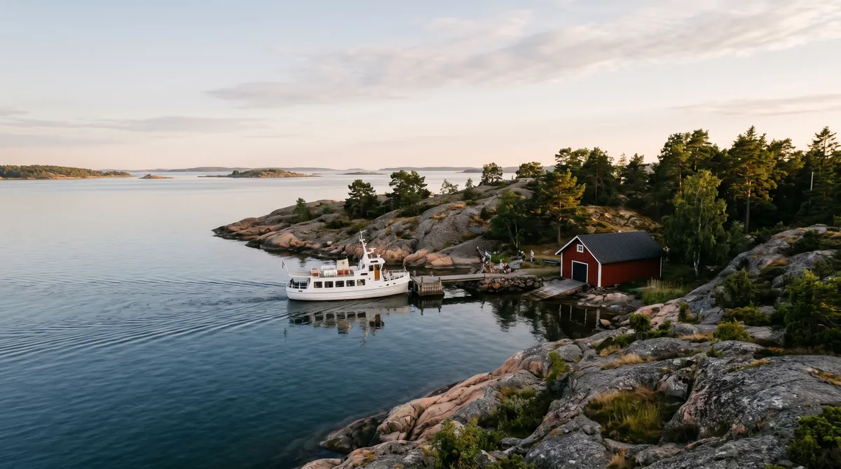 A white passenger ferry arriving at a small wooden pier on a rocky island with pine trees and a red boathouse