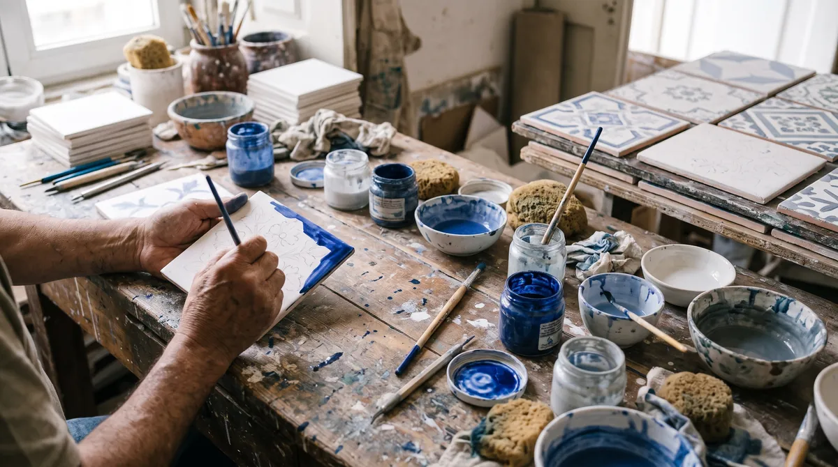 Hands painting a blue and white ceramic tile with a fine brush at a workshop table
