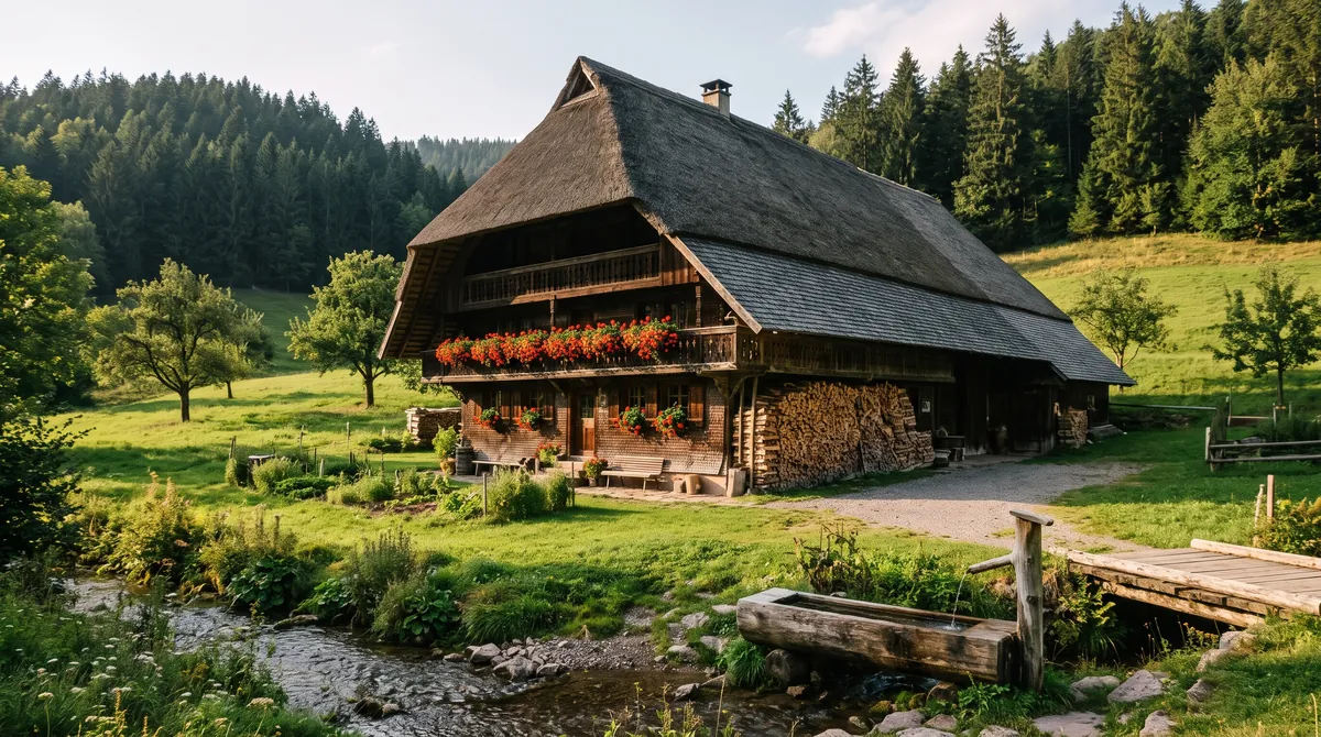 A traditional Black Forest farmhouse with a deep sweeping roof, wooden balconies with red geraniums and firewood under the eaves