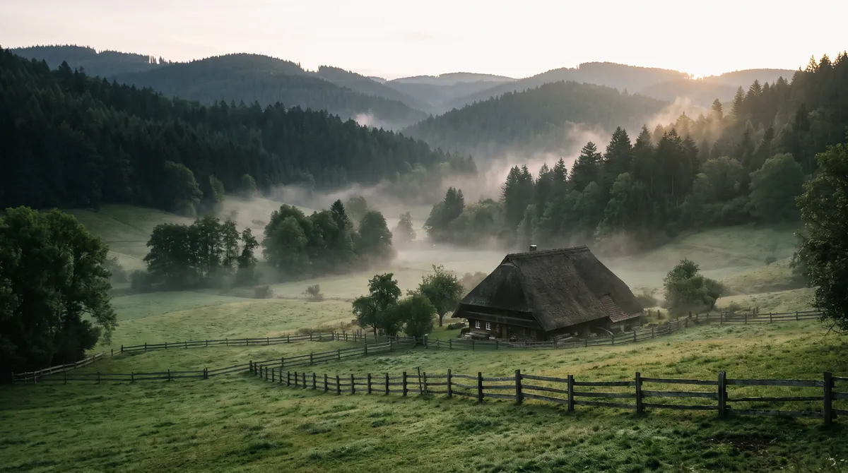 A Black Forest valley at sunrise, fir-covered hills fading into the mist and a farmhouse with a huge roof in a meadow