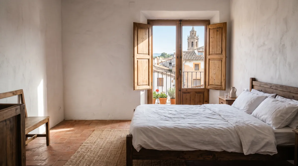 A calm boutique hotel room with white linen, terracotta tiles and shutters open onto old town rooftops