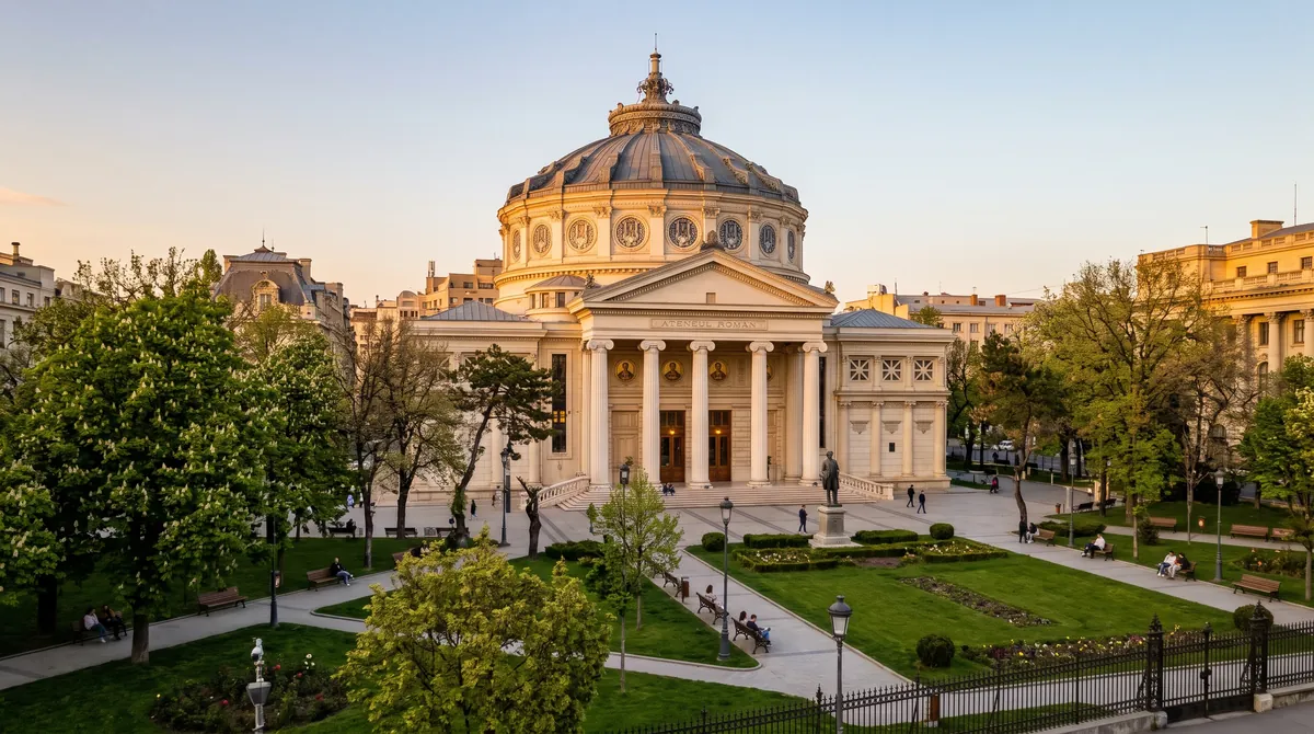 The domed Romanian Athenaeum concert hall in Bucharest with its columned portico and small park in warm evening light