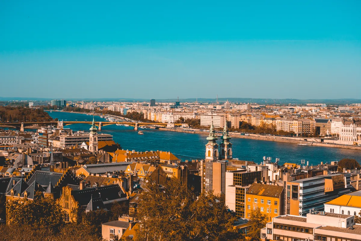 Budapest and the Danube with Margaret Bridge seen from above in warm autumn light