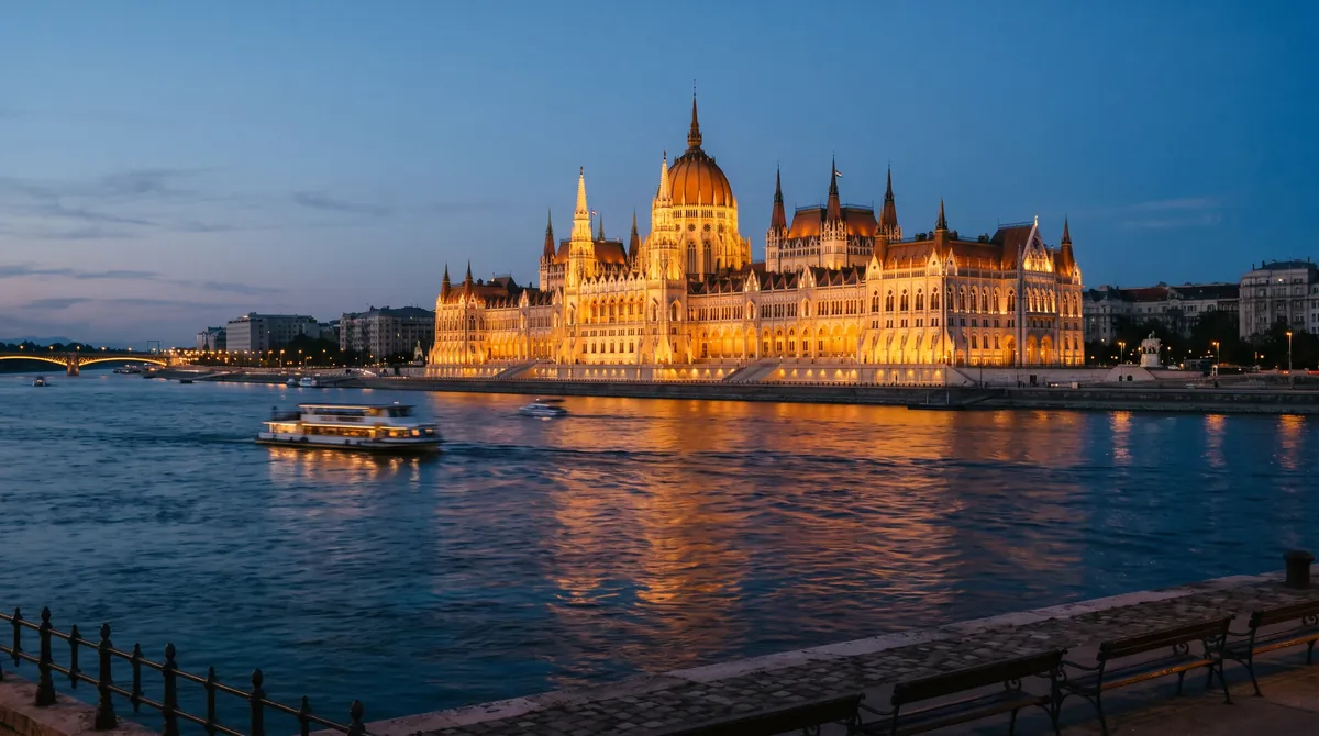 The Hungarian Parliament on the Danube in Budapest at blue hour, lit gold and reflected in the river, a riverboat passing