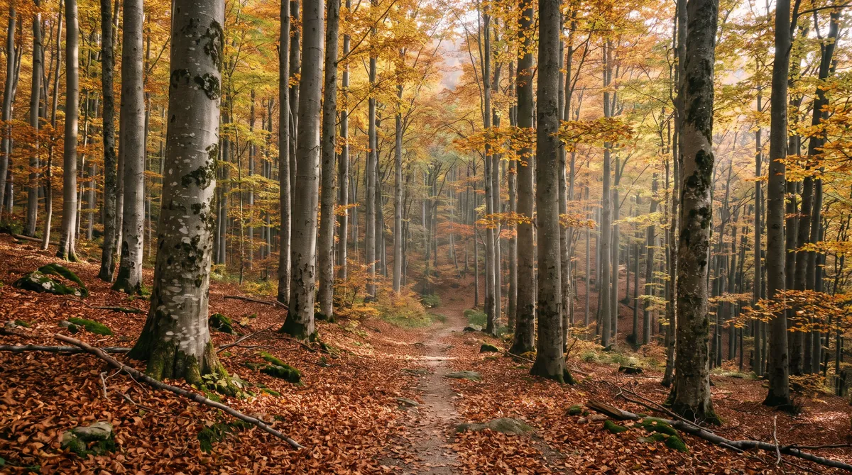 An old beech forest in the Romanian Carpathians in October, grey trunks, copper leaves and sunlight through a golden canopy