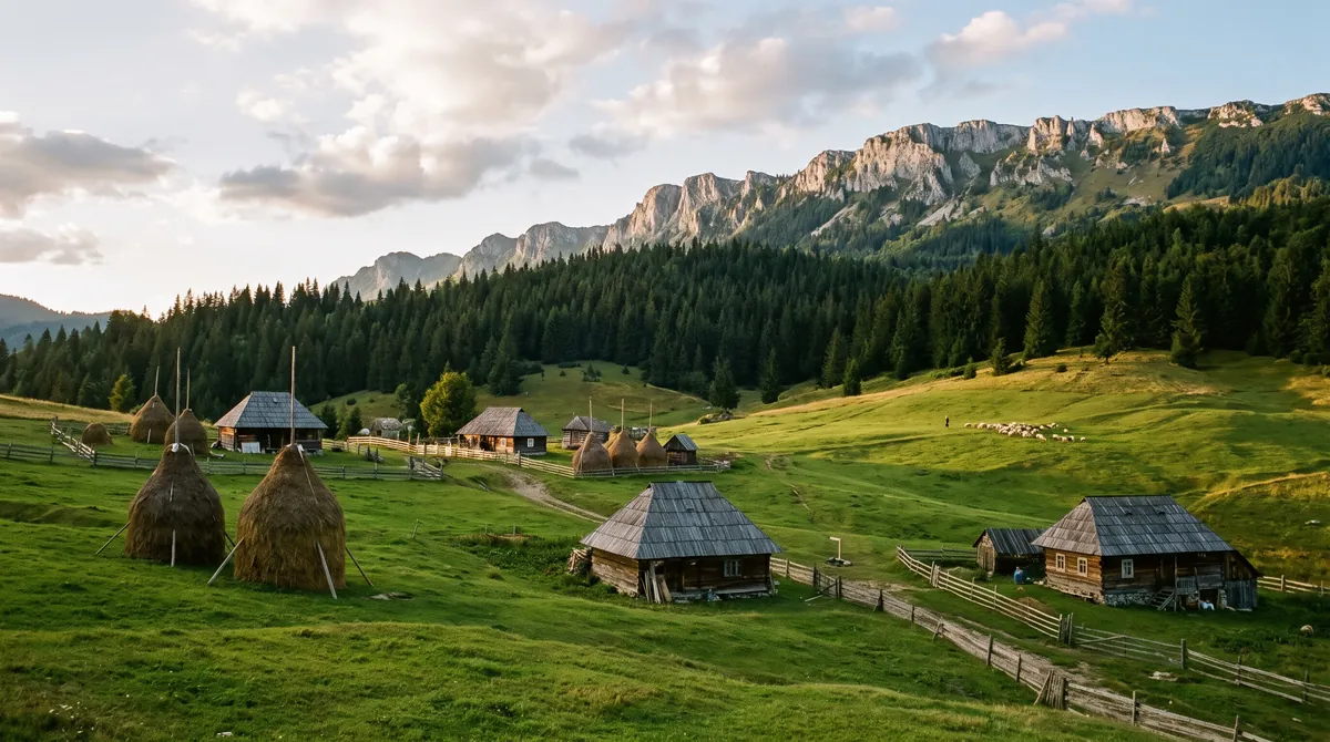 A Carpathian mountain village in Romania, wooden houses and haystacks on meadows below a limestone ridge