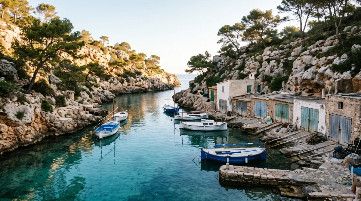 A small fishing harbour in a narrow rocky inlet on Mallorca with blue and white boats in clear water