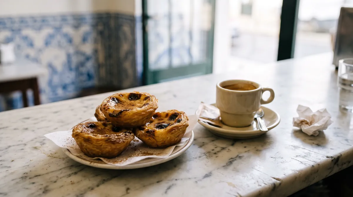 Custard tarts with caramelised tops on a marble café counter in Lisbon with a small espresso