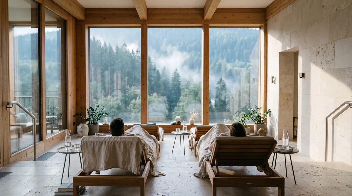Two guests resting on loungers in the quiet relaxation room of a spa hotel, tall windows onto a forested valley