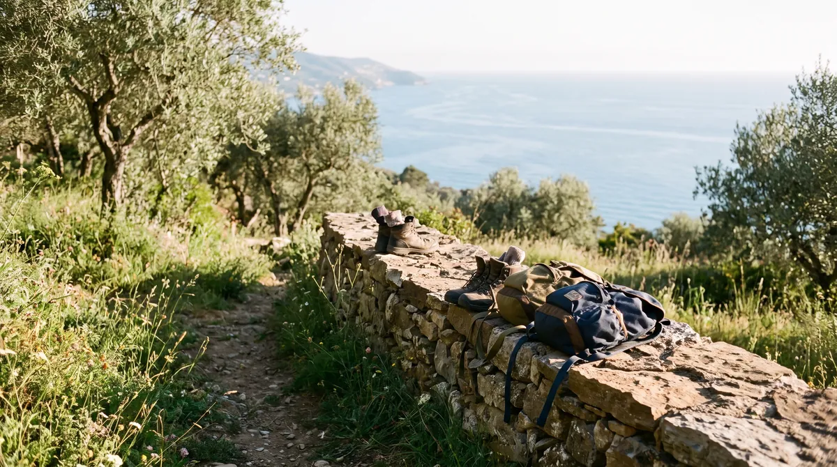 Walking boots and two small backpacks resting on a stone wall beside a trail with olive trees and the sea