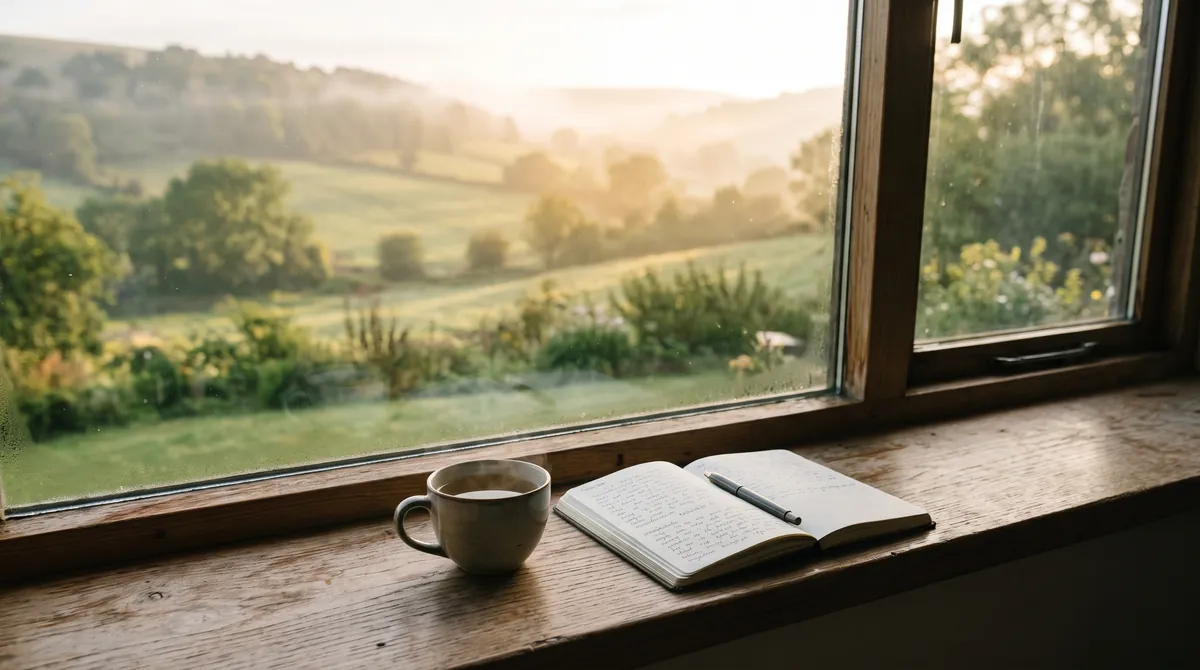 A cup of herbal tea and a journal on a wooden windowsill above a misty valley at sunrise