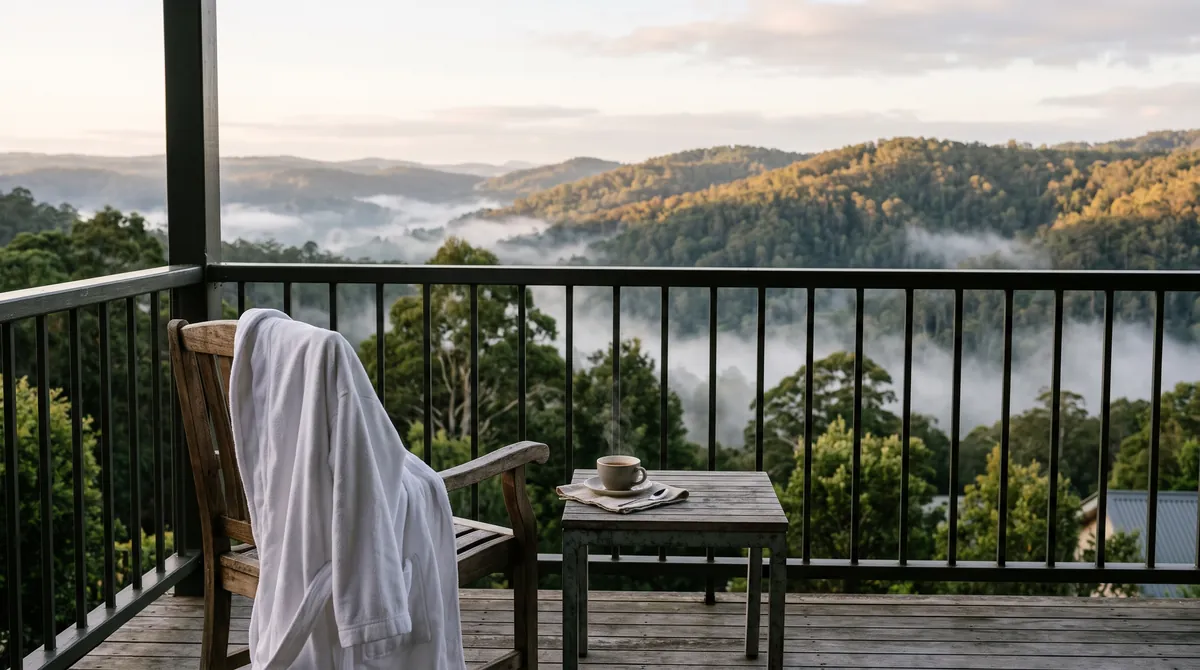 Morning on a hotel balcony with a robe, a cup of tea and a view over forested hills