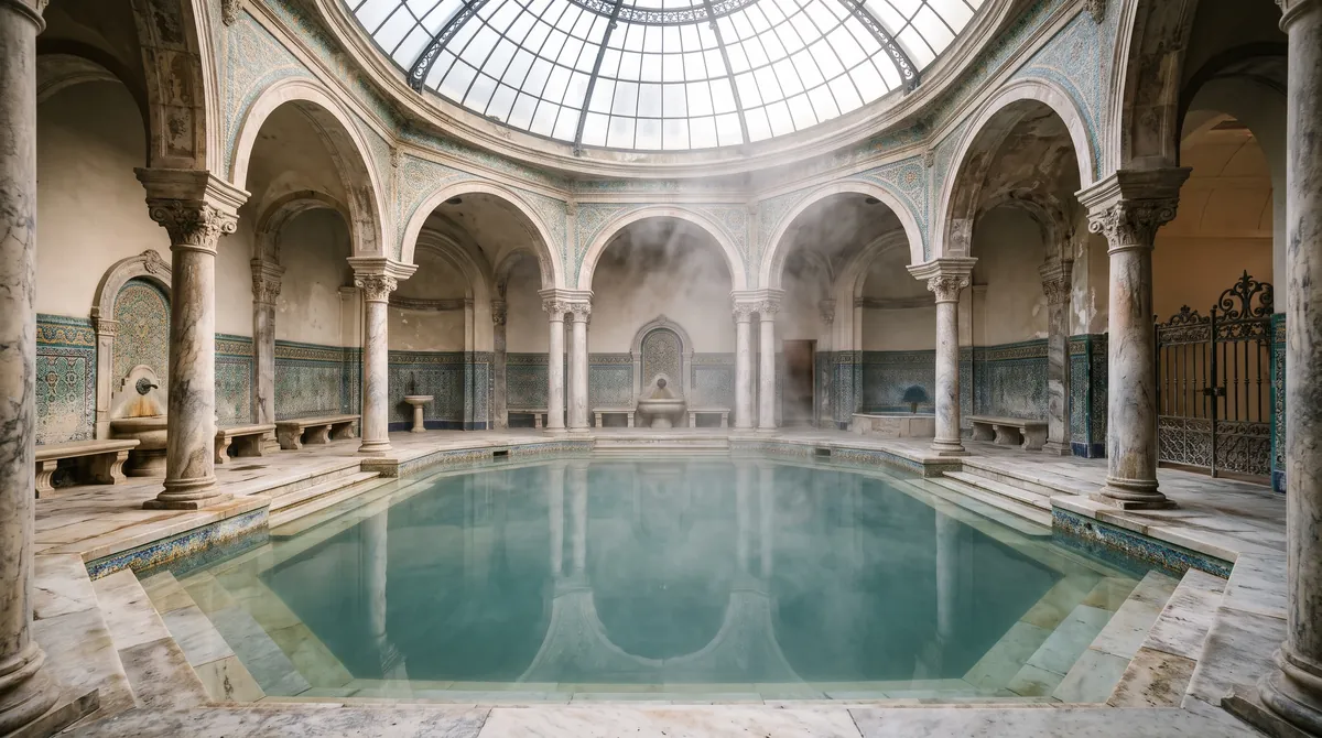 A historic indoor thermal bathing hall with mosaic tiles, columns and a domed skylight above warm water