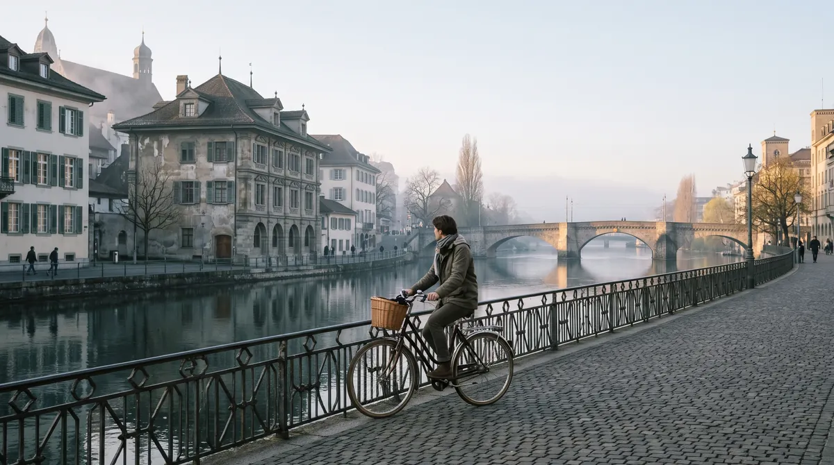 A person cycling along a riverside promenade in a European city in the early morning