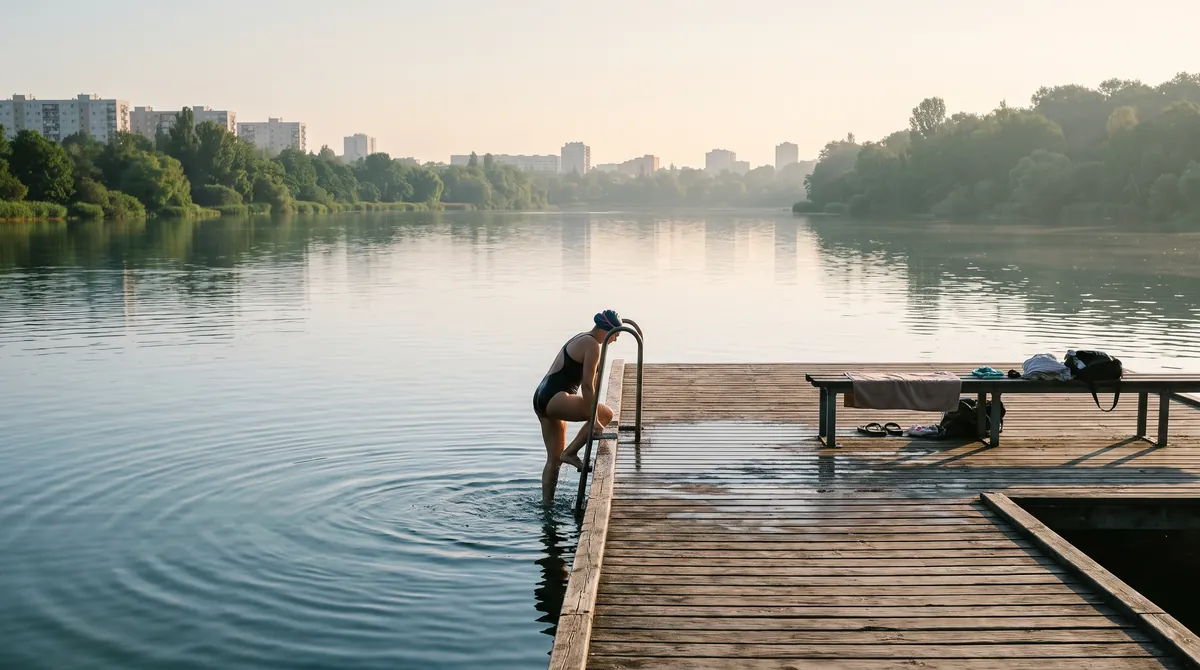 A wooden swimming jetty on a city lake on a summer morning, a swimmer climbing out of the water