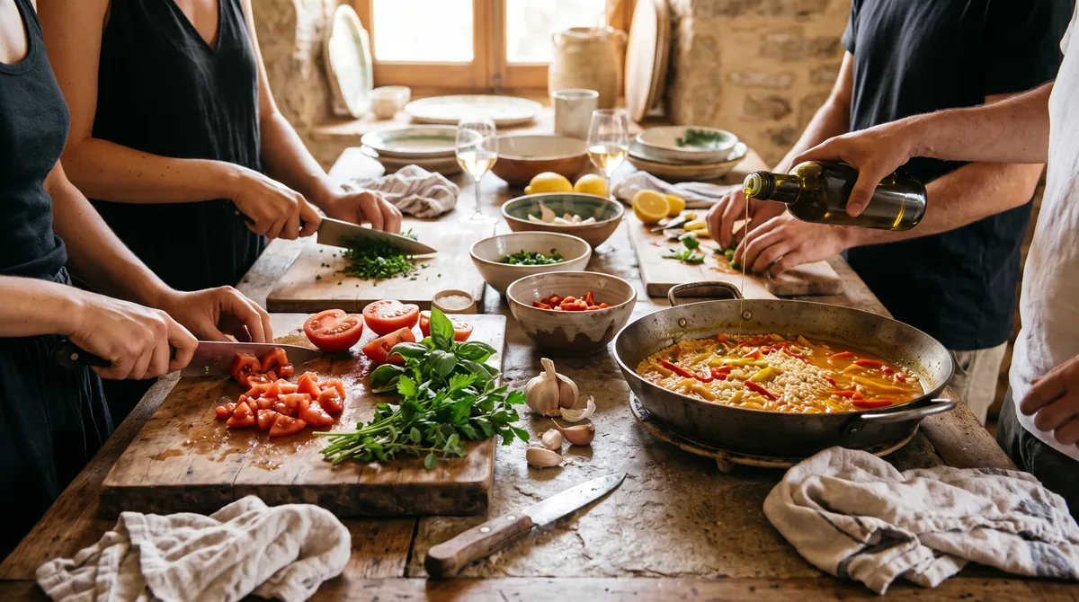 Several people preparing a Mediterranean dish together at a rustic kitchen counter