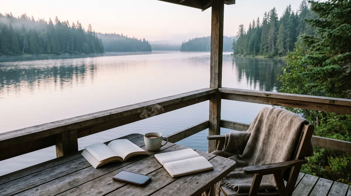 A cabin porch by a lake with a notebook, a paperback, a cup of tea and a phone lying face down