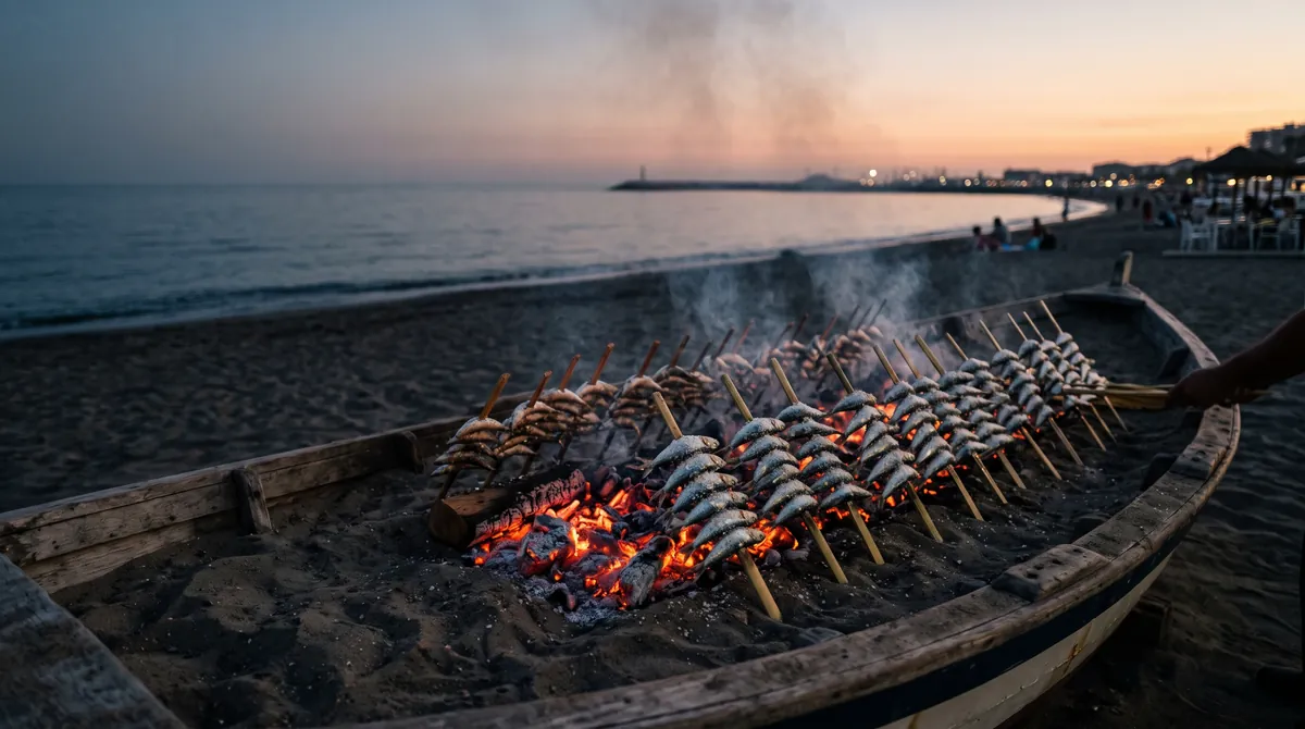 Sardines on skewers grilling over embers in an old wooden boat filled with sand on a beach at dusk