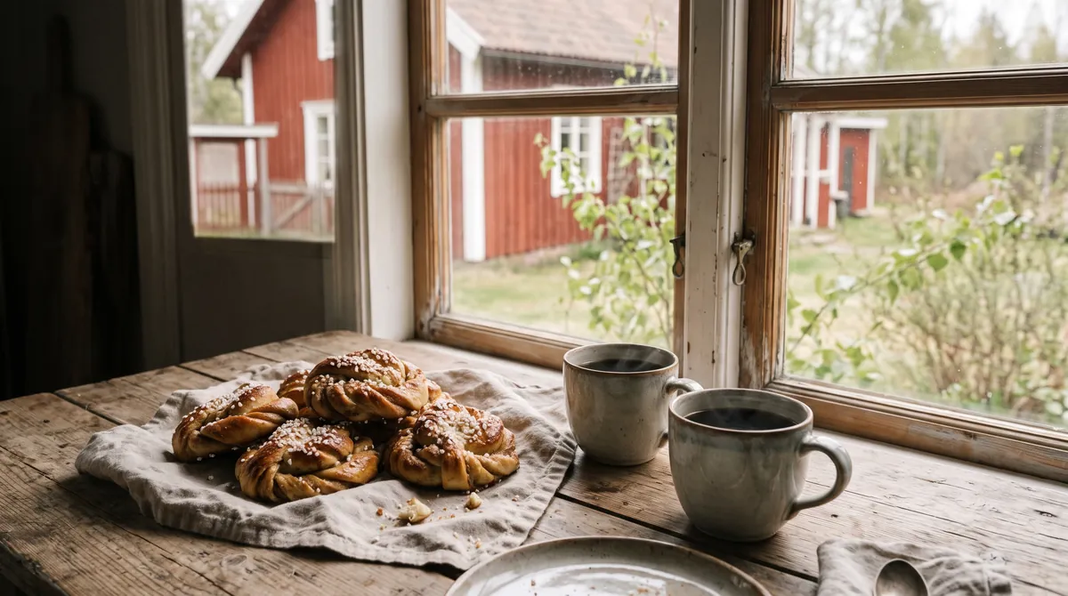 Cinnamon and cardamom buns with pearl sugar and two cups of coffee on a table by a window