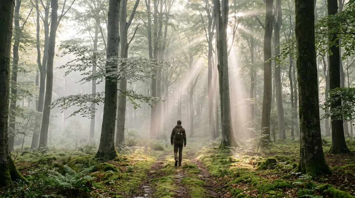 A person walking slowly on a mossy path in a tall beech forest in early morning light and mist