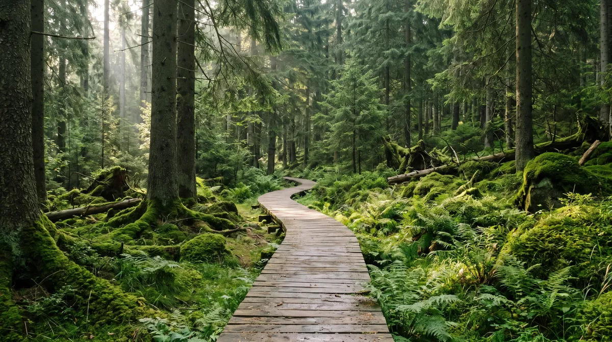A wooden boardwalk trail through a mossy spruce forest in a national park in morning light