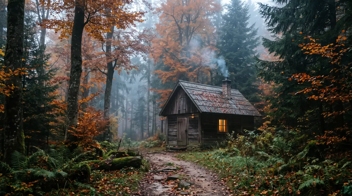 A small wooden cabin with a lit window in a misty spruce and beech forest at dawn