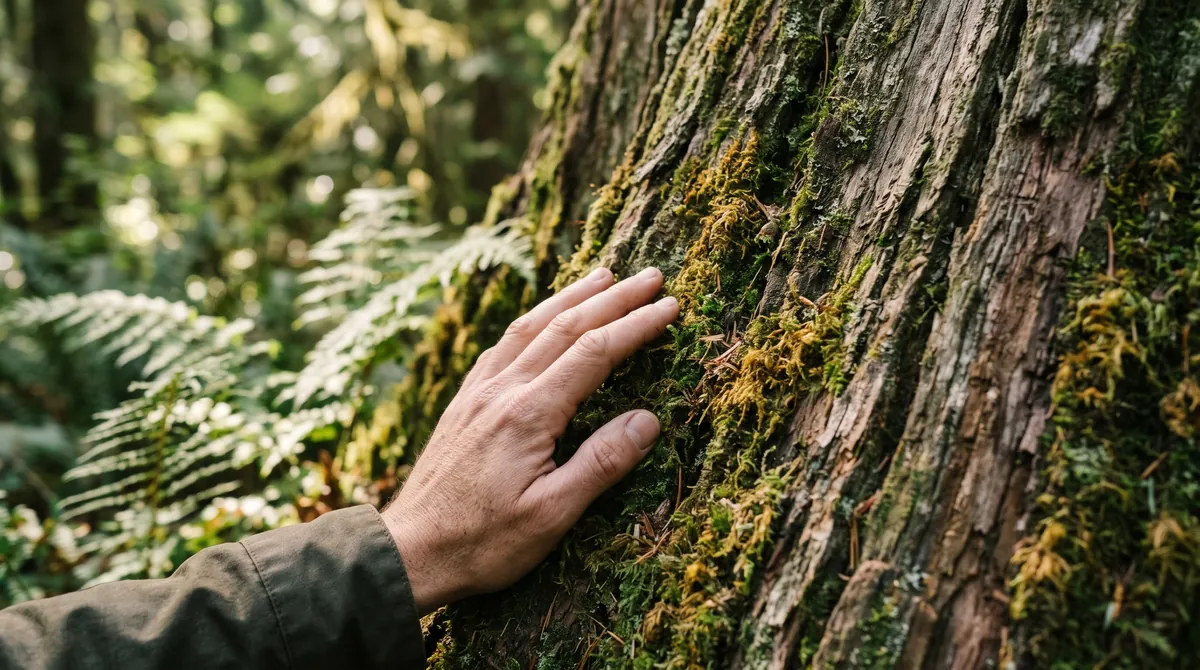 An open hand gently touching the mossy bark of an old tree, ferns and soft green light behind
