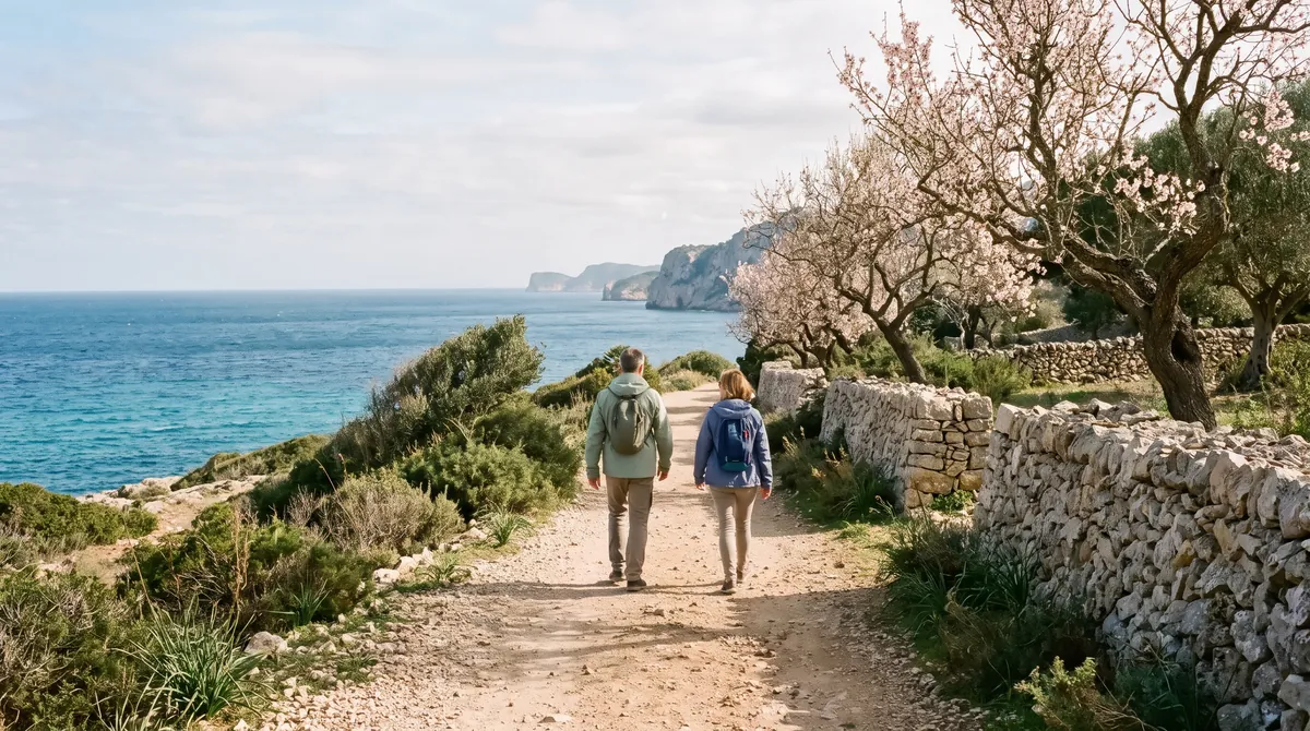 Two walkers on an easy coastal path with almond trees and low stone walls on Mallorca in spring