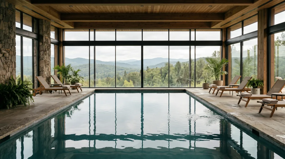 A calm indoor pool in a mountain hotel with tall windows onto forested hills and loungers with towels