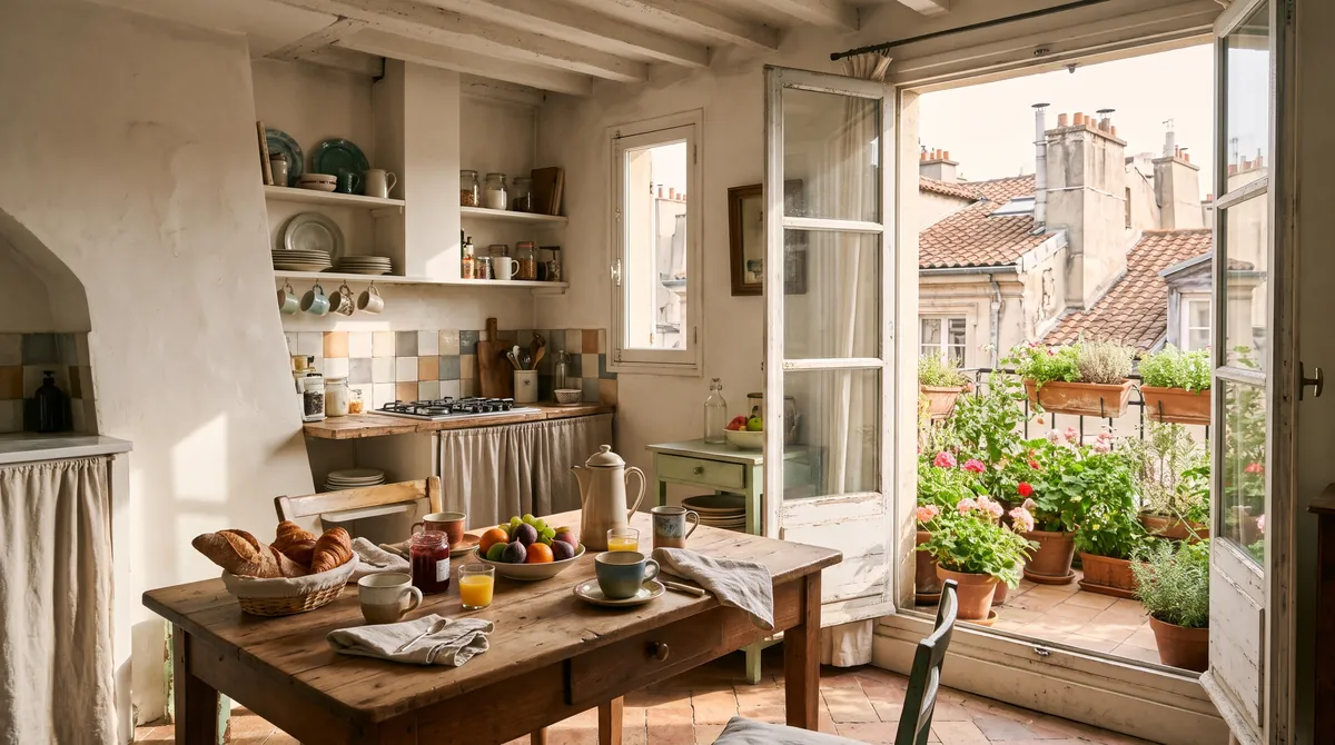 A bright holiday apartment with a breakfast table and French doors open to a terrace above the rooftops