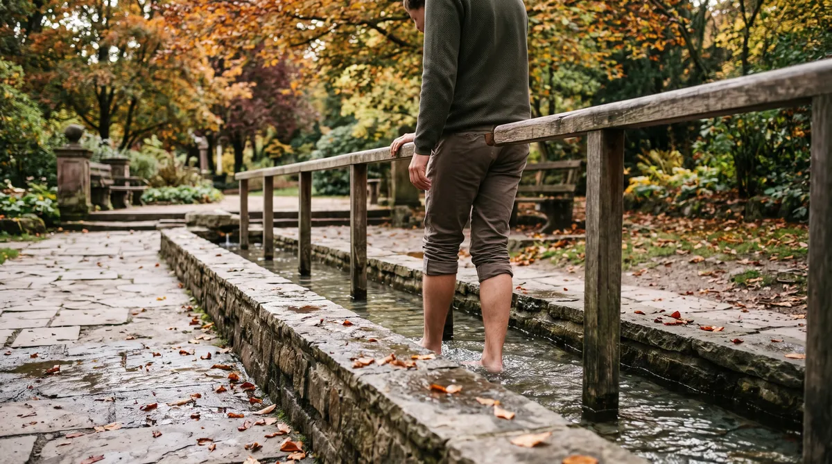 A person walking through a cold water basin with a handrail in a spa park, autumn trees around