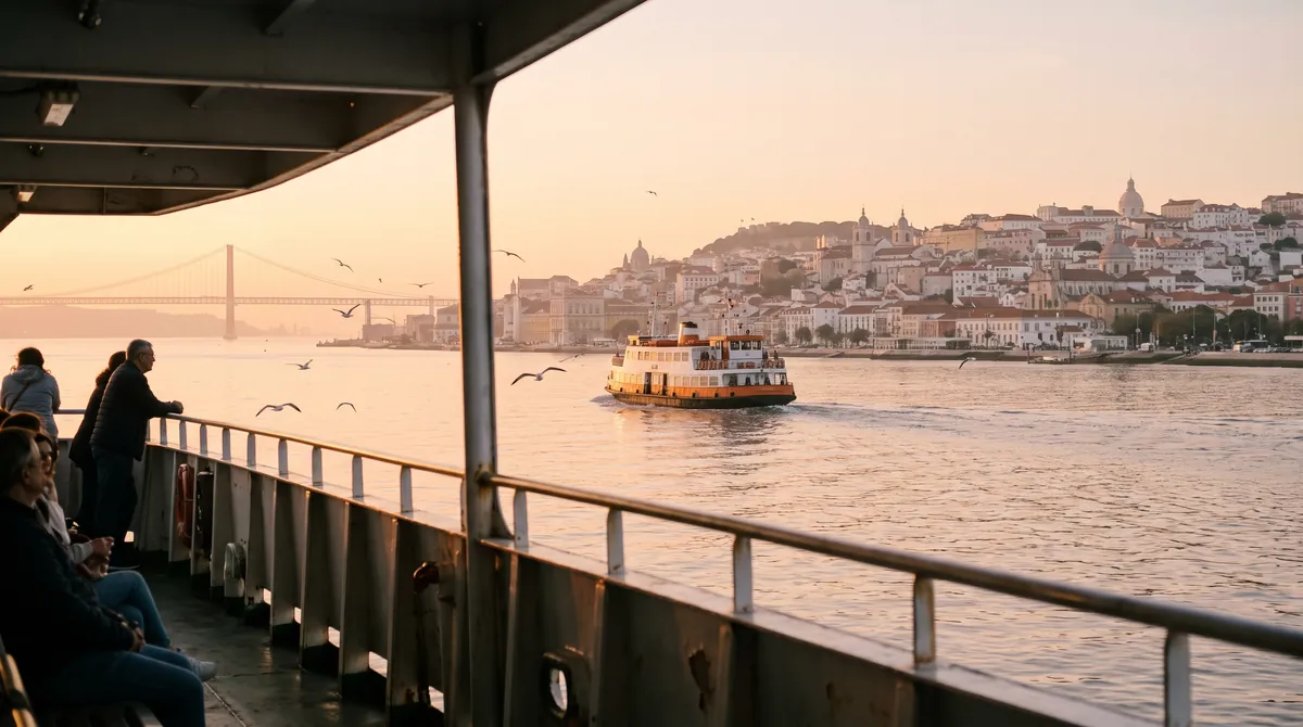 A commuter ferry crossing a wide river towards a hilly city of pale houses at golden hour