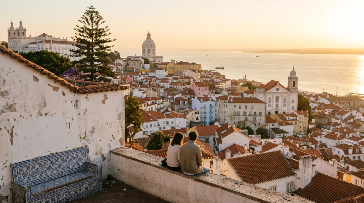 View from a hilltop terrace over terracotta roofs and white houses of Lisbon to the river at sunset
