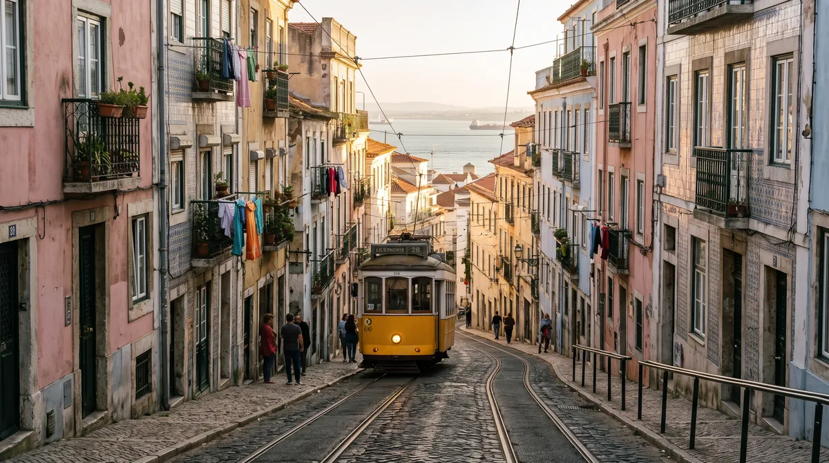 A yellow historic tram climbing a narrow cobbled street in an old Lisbon quarter, the river far below