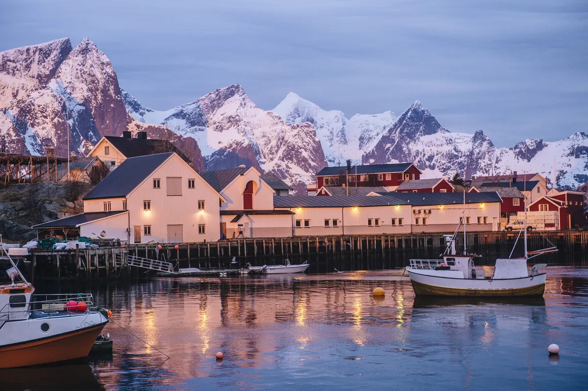 The harbour of Reine on the Lofoten Islands at dusk, lit houses and boats below snowy peaks