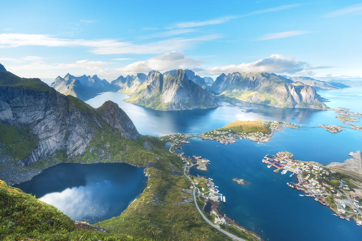 The view from Reinebringen over the village of Reine, its islands and fjords on the Lofoten Islands
