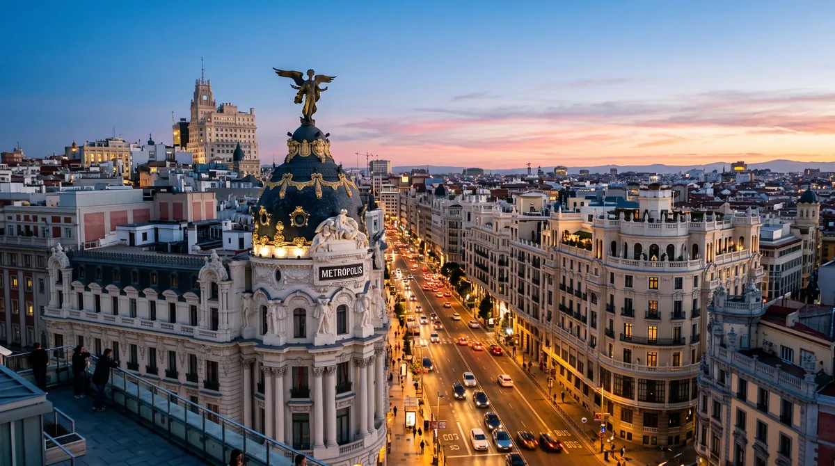 Madrid’s grand avenue at blue hour from a rooftop, a domed corner building with a winged statue and the lit boulevard beyond