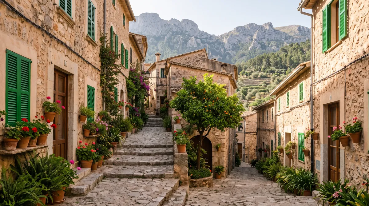 A narrow stone lane with green shutters, geraniums and steps in a mountain village on Mallorca