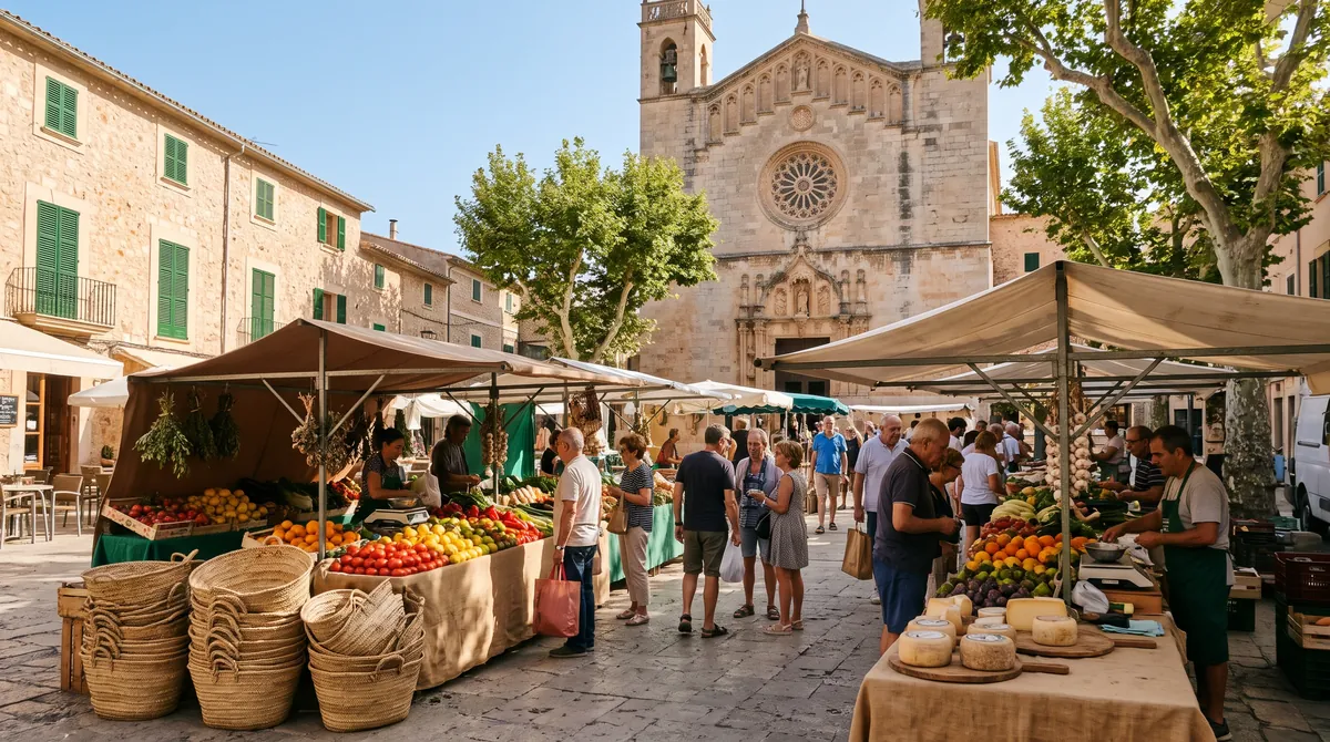 A weekly village market on a sunny square in inland Mallorca in front of a sandstone church