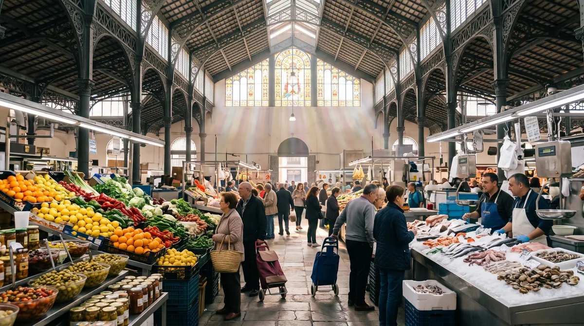 Inside an iron and glass market hall in southern Spain with fruit, olives and fish under a stained glass window