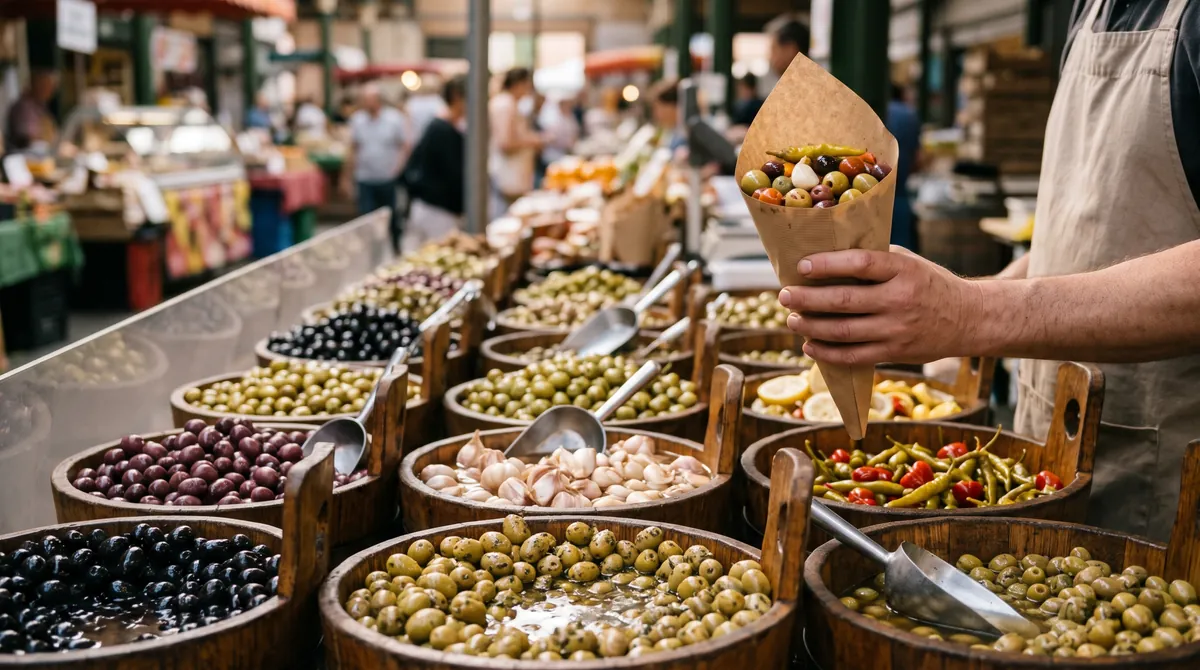 Barrels of olives in many shades at a market stall, a vendor holding a paper cone