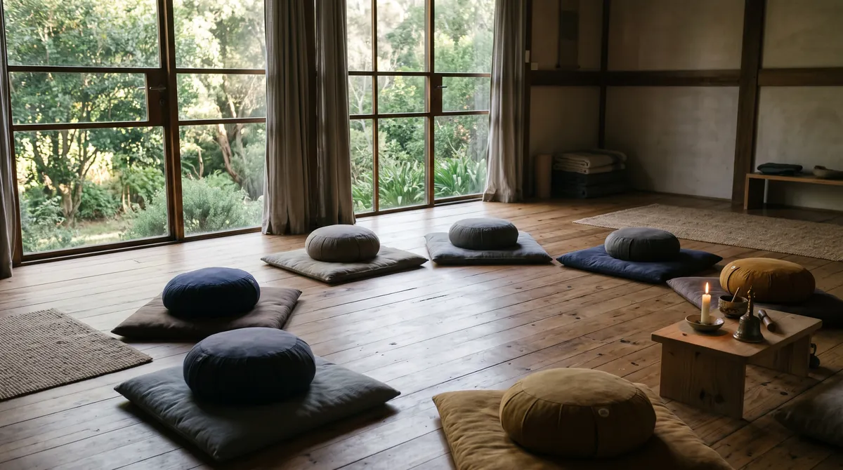 A quiet meditation room with round cushions in a circle, large windows to a green garden and a candle
