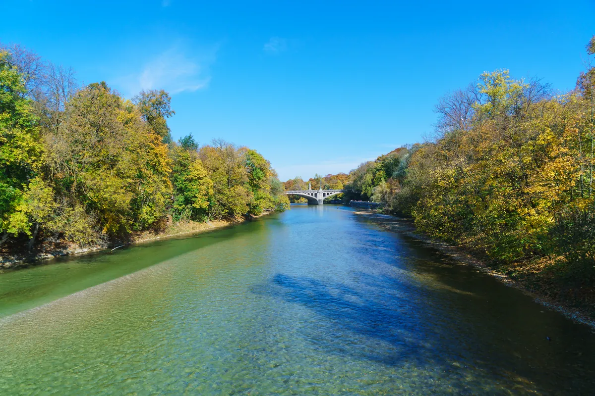 The clear green Isar in Munich flowing between autumn trees towards the Maximilian Bridge under a blue sky