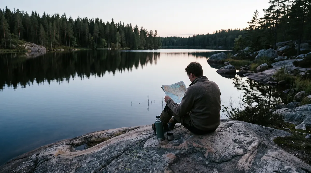A person sitting on a rock by a quiet Nordic lake reading a paper map in the evening light