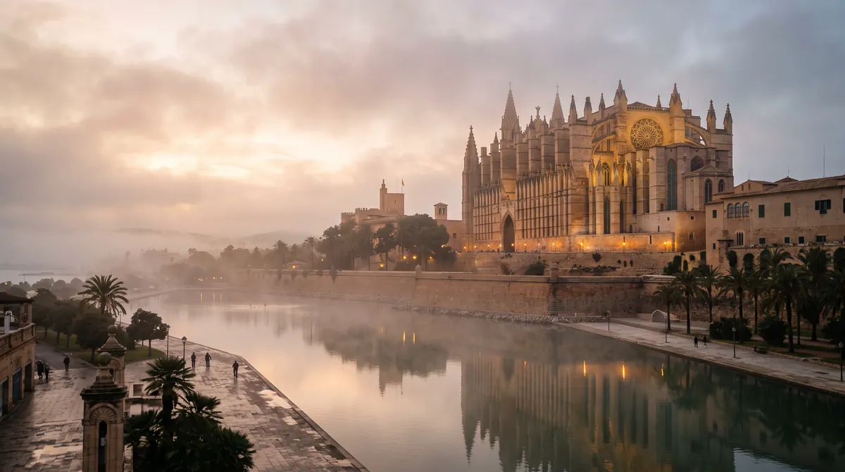 Palma Cathedral and the Almudaina Palace above the still lake of the Parc de la Mar on a misty dawn