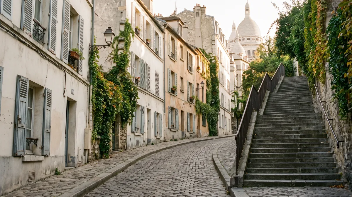A quiet cobbled lane in Montmartre with ivy-covered houses and steps leading up towards the white domes of the basilica