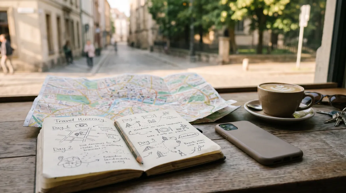 A travel notebook with a hand drawn three day plan, a folded map, a pencil and a coffee on a café table