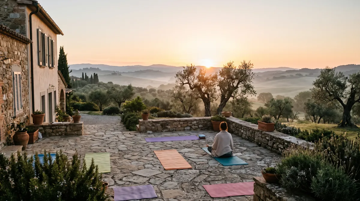 Yoga mats on a stone terrace of a Mediterranean country house at sunrise, a person meditating